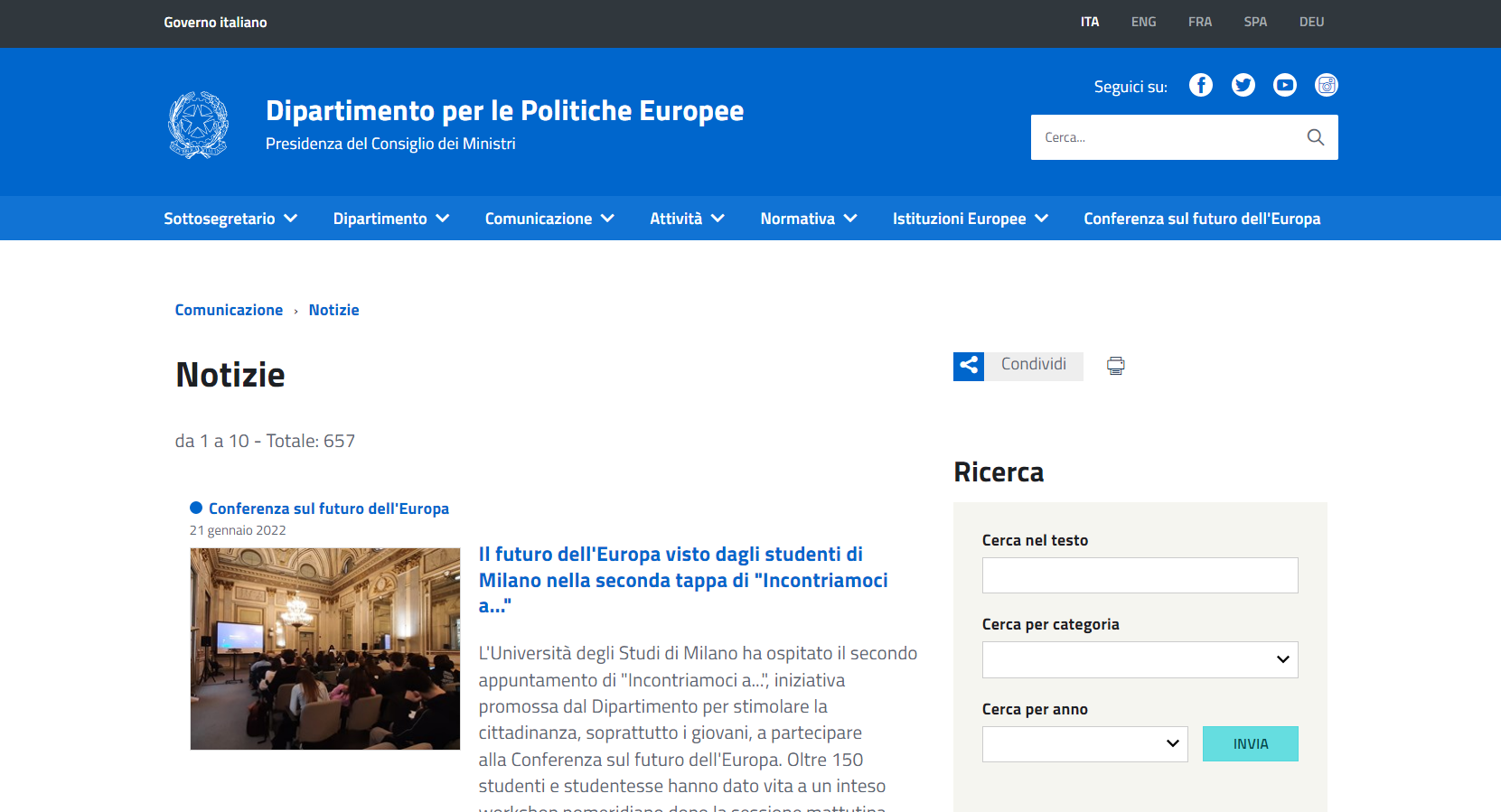 Sezione "Notizie" del Dipartimento per le Politiche Europee della Presidenza del Consiglio dei Ministri